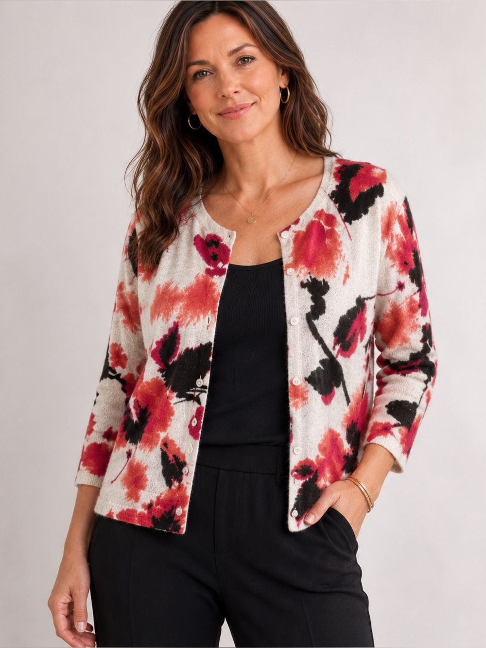 Floral Print Lightweight Button-Front Cardigan Sweater XL